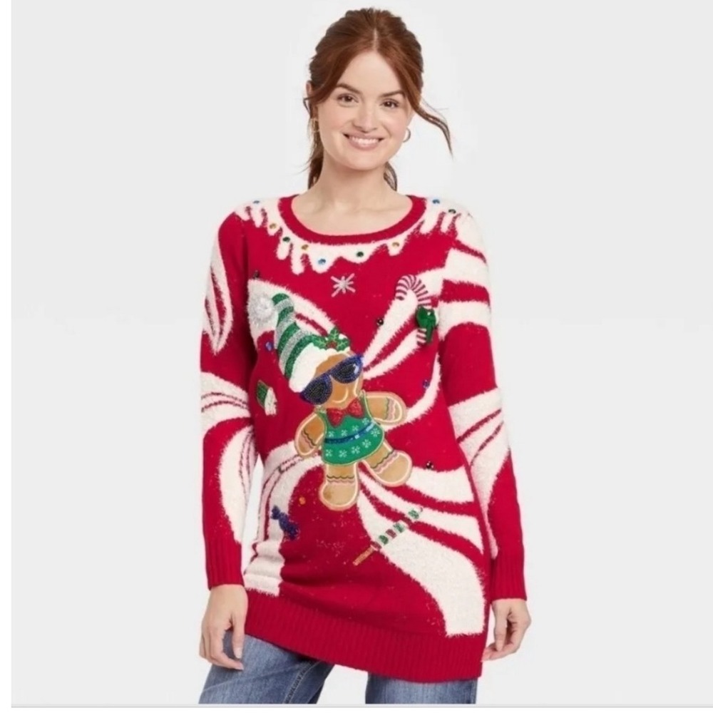 NWT 33 Degrees Ugly Christmas Sweater‎ Gingerbread Man Candy Cane Lights Red XL